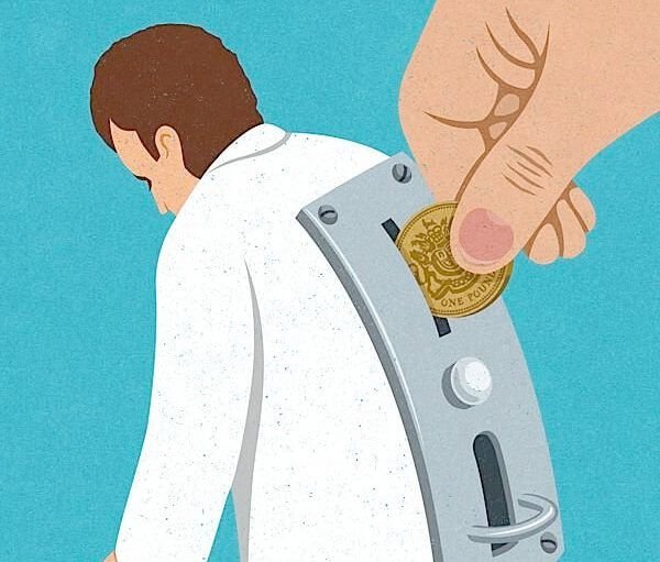 a man being fed coins like a machine