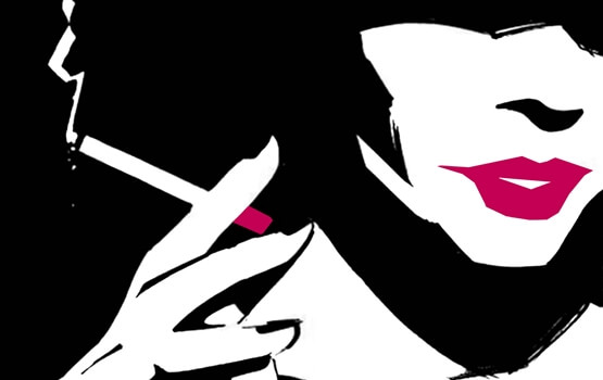 a smoker with pink lipstick