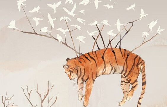 birds carrying a tiger