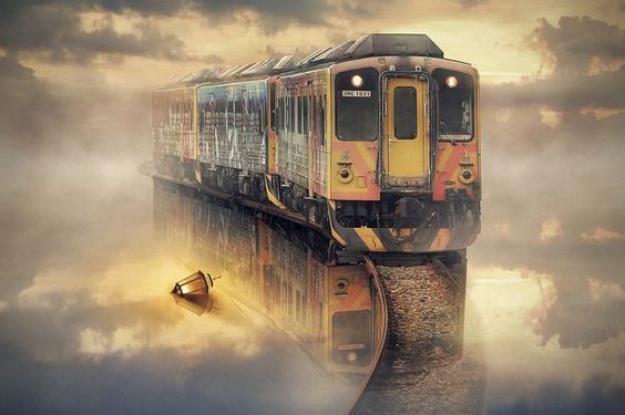 A train travelling in a fog.