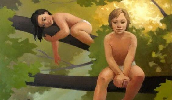 Two children are sitting in a tree.