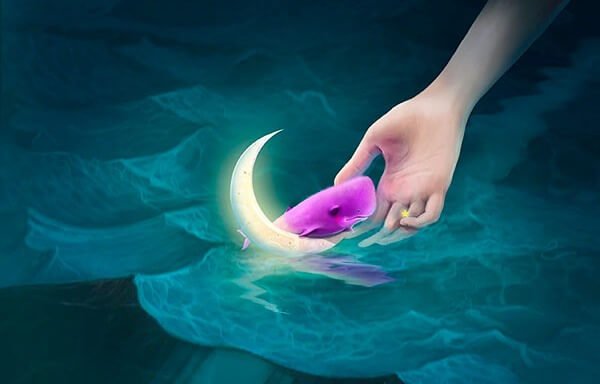 a whale on the moon with a hand reaching for it