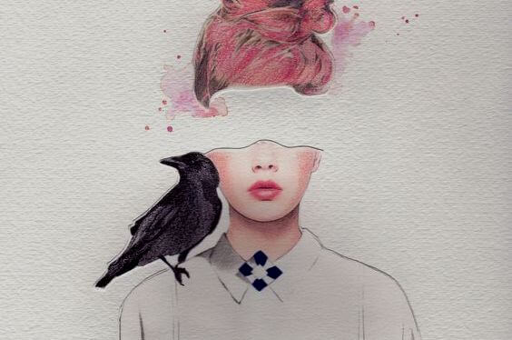 a woman with an empty head and a crow on her shoulder