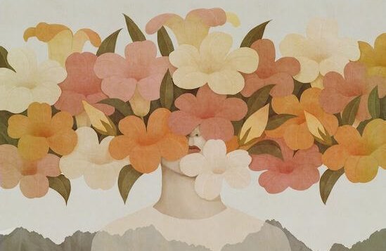 a person's face covered with flowers