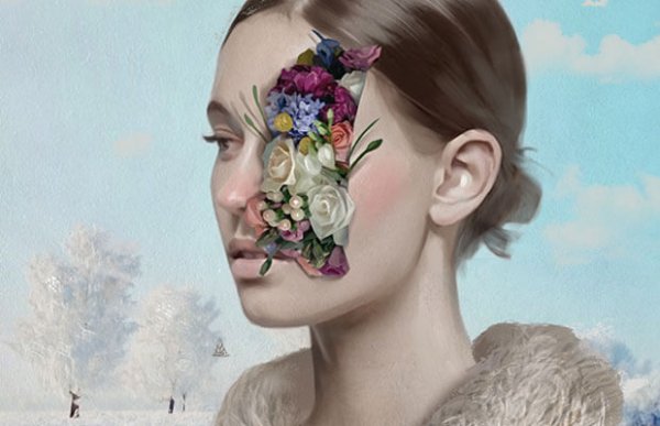 a woman with flowers coming out of a wound on her face