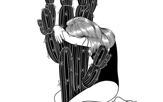 love and pain, a woman and a cactus embracing