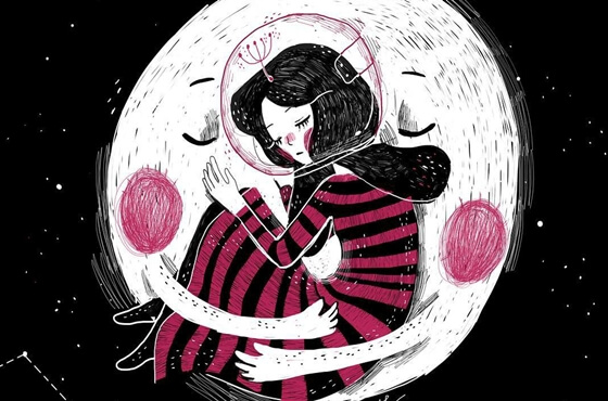 a woman and the moon embracing in space