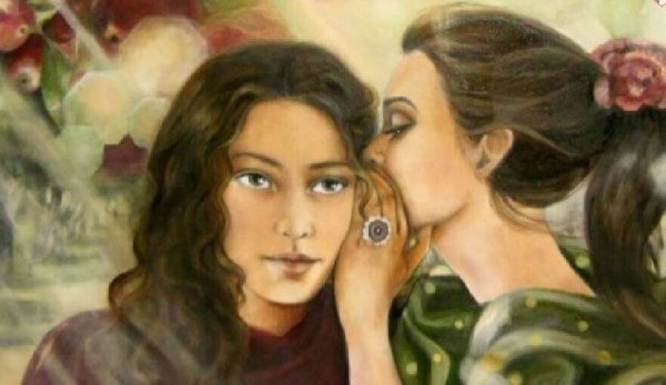 a gossip telling a secret to another woman