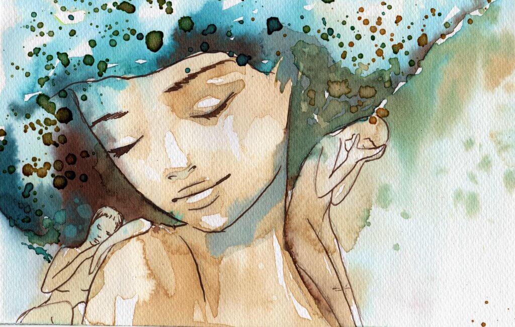 A woman painted in watercolor has her eyes closed.