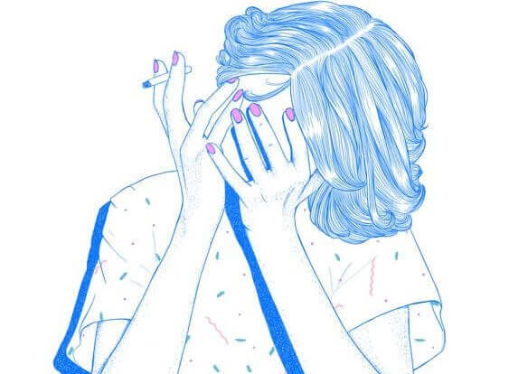 a girl covering her face while smoking