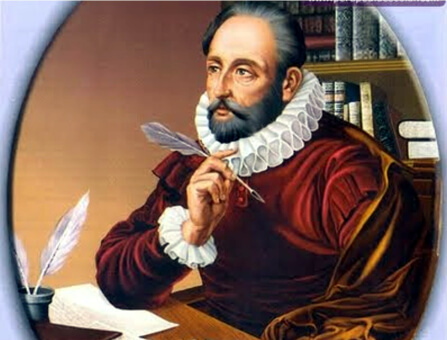 A portrait of Cervantes with a quill in his hand.