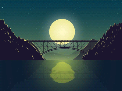 A GIF of a train crossing a bridge at night. 