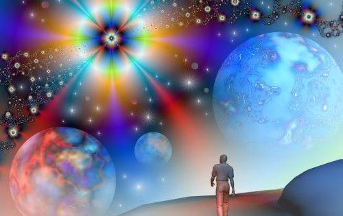 A man is walking through a colorful universe.