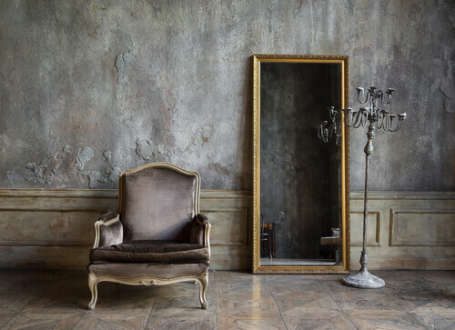 Home decor: a mirror and chair.