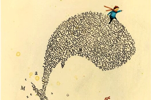 a boy riding a whale made of letters