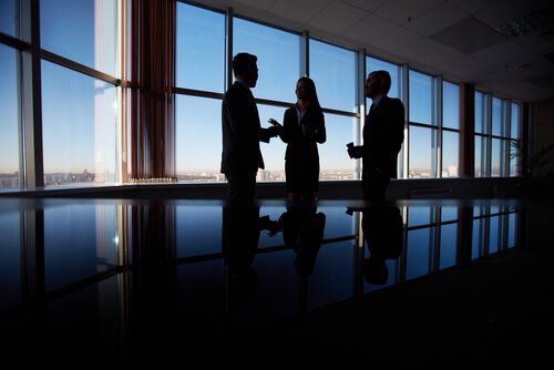 Diplomatic people are in an office having a meeting.