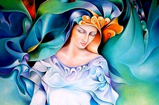 A colorful proud woman looking down.