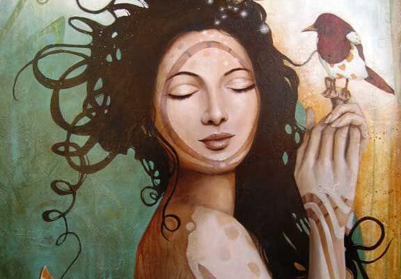 A woman and a bird.