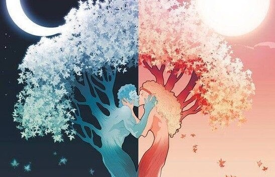 a couple as trees, day and night, kissing