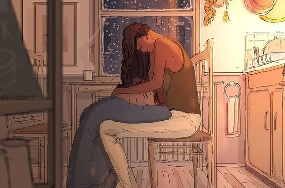 a couple embracing in the kitchen