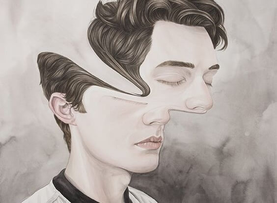 A drawing of the face of a teenager is distorted.