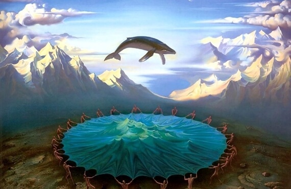 A flying whale in the mountains.