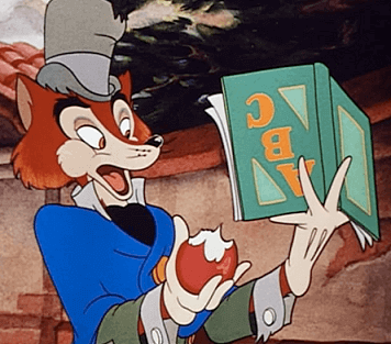 The fox reading a book upside down in Pinocchio
