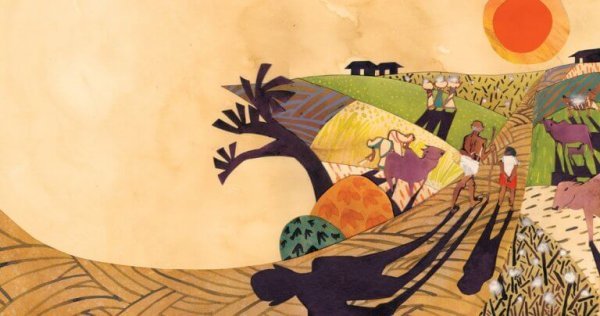 Gandhi walking with a follower down a colorful Indian road