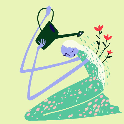 A gif of a girl watering herself like a plant.