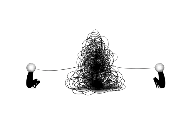 Gif of two stick figures with a giant knot connecting the two.