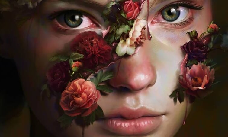 A girl with flowers coming out of her face.