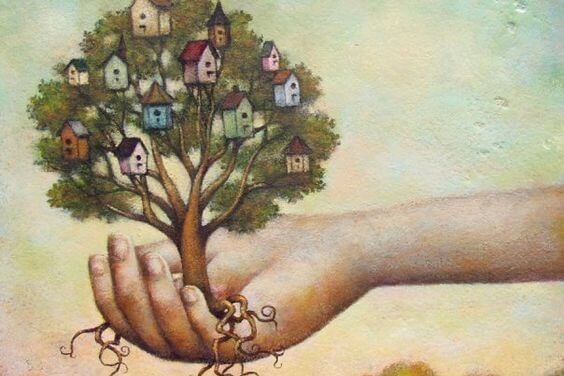 a tree with roots and houses