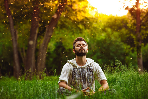 man meditating in a field