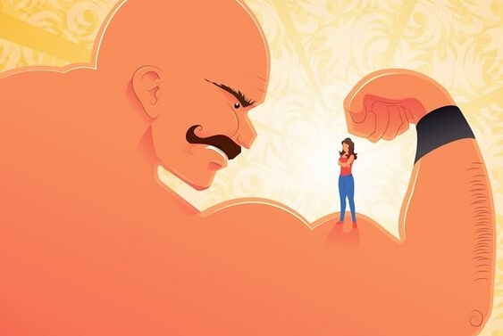 a woman standing on a man's bicep