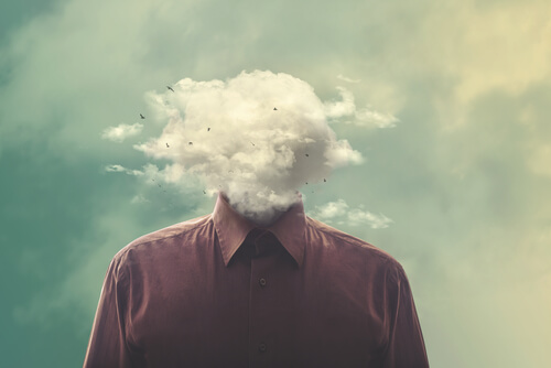 Obsessive thoughts as pictured by a man with a cloud for a head.