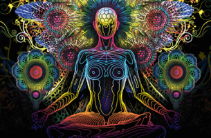 a colorful figure meditating