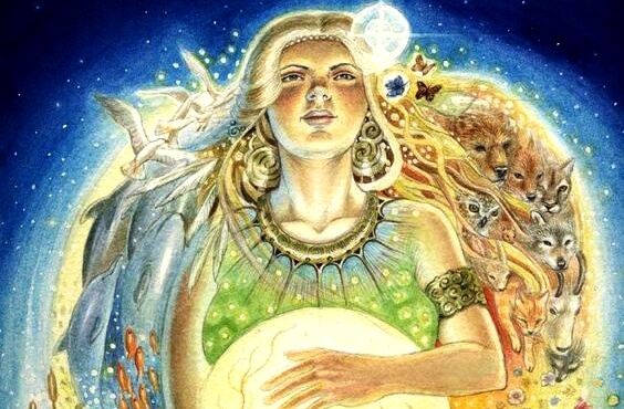 Mother Nature surrounded by animals.