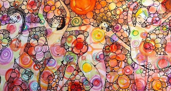 Sisterhood: four naked women, colorful and free.