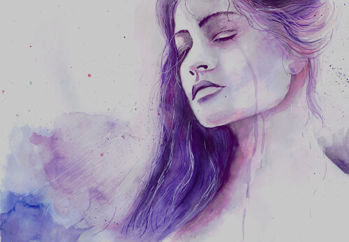 A purple woman with her eyes closed.