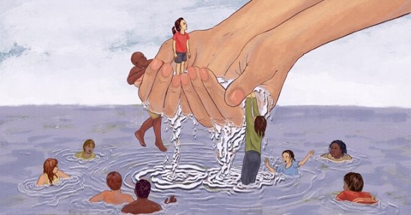 giant hands rescuing people from the water