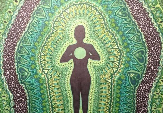 The silhouette of a spiritual person with a circle in the center.