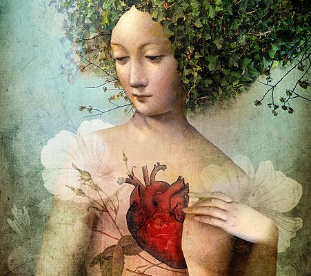 A woman looking thoughtful with a heart in her chest.