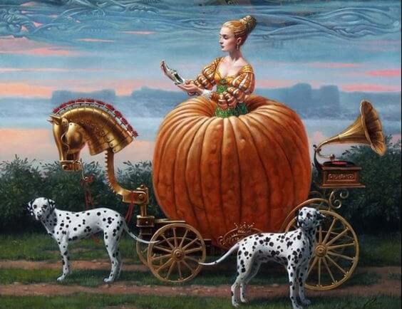 A woman in a pumpkin carriage with two dalmatian dogs.
