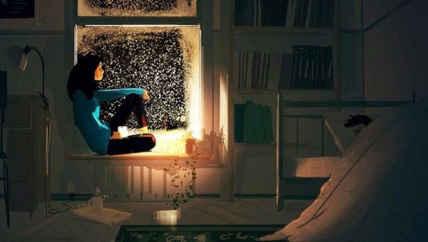 A cozy scene of a woman looking out the window at night into the snow, with a mug.