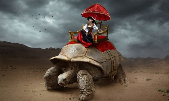 a woman riding in luxury on a giant turtle
