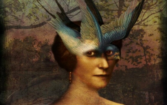 A woman with a bird as part of her face.