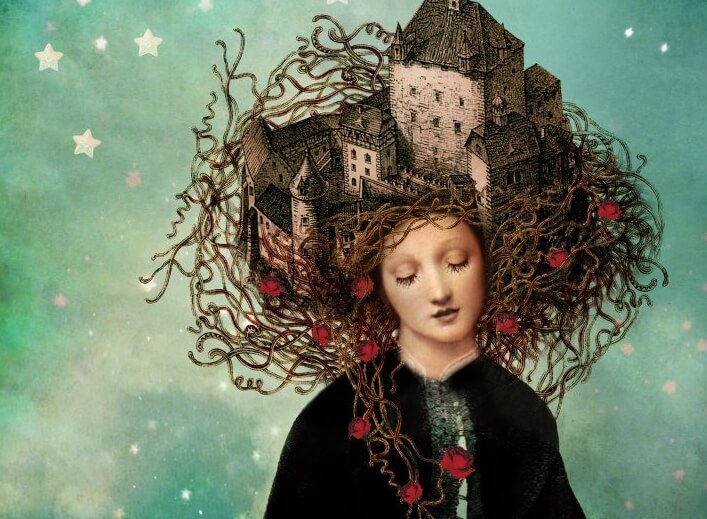 Evildoers: a woman has a bird nest as hair with a castle in it.