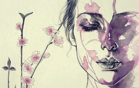A woman with her eyes closed and lilac watercolor paint.