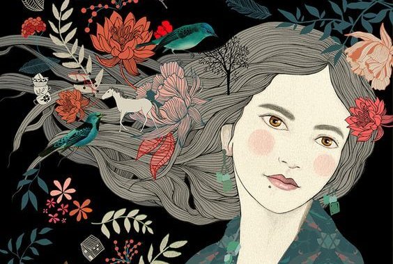 drawing of a woman and flowers