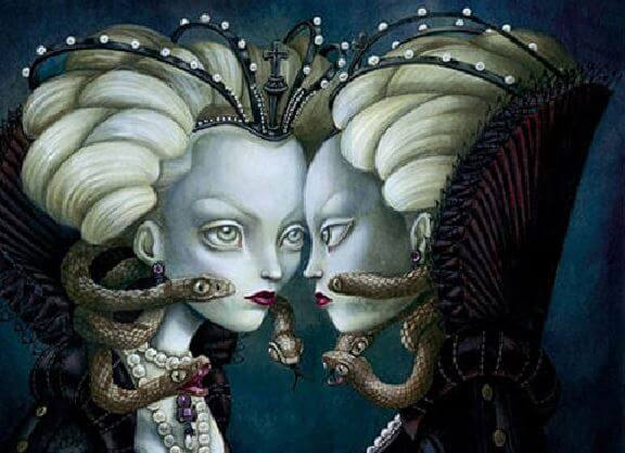 Two Medusas looking at each other confrontationally.